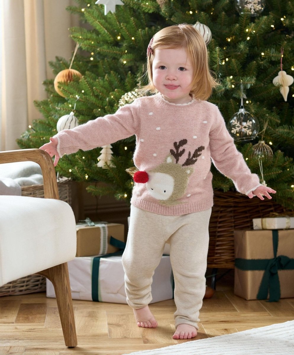 Dusty pink reindeer knit jumper with long sleeves, reindeer face graphic and red nose