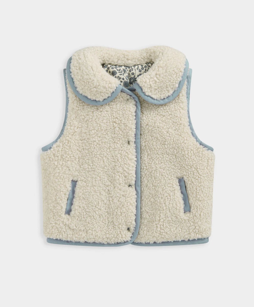 Cream borg fleece gilet with blue edge, full zip, two front pockets