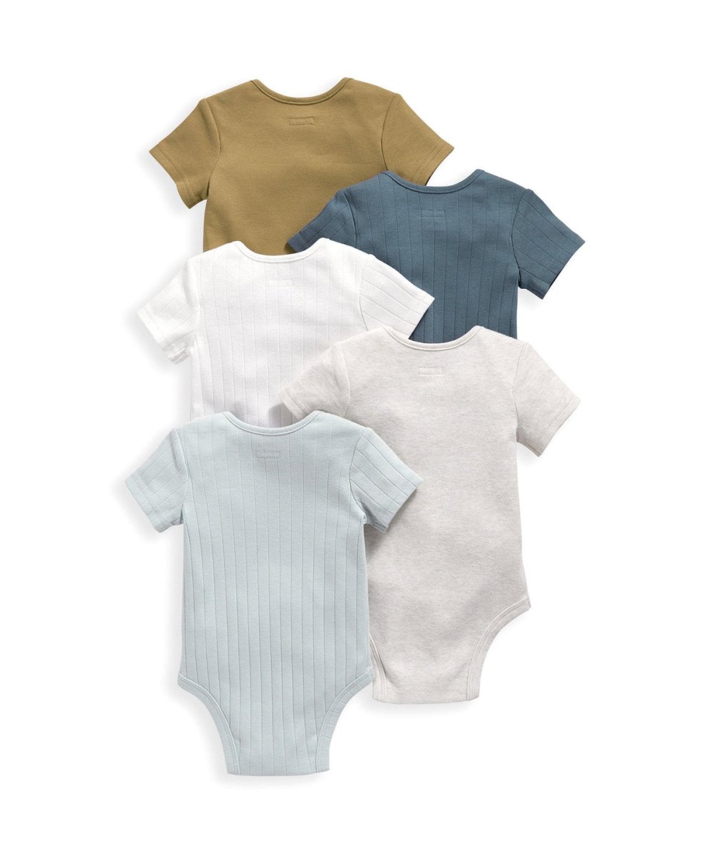 Ribbed short-sleeve bodysuits set, 5-pack, tan, medium blue, white, light gray and light blue