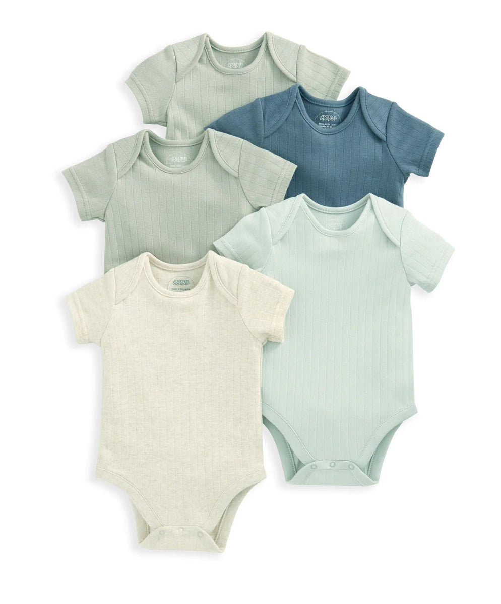Ribbed short-sleeve bodysuit set (5) in assorted pastel blue, mint, and cream