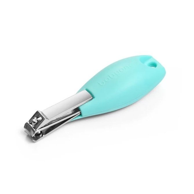Baby nail clippers with turquoise safety handle and stainless steel blades