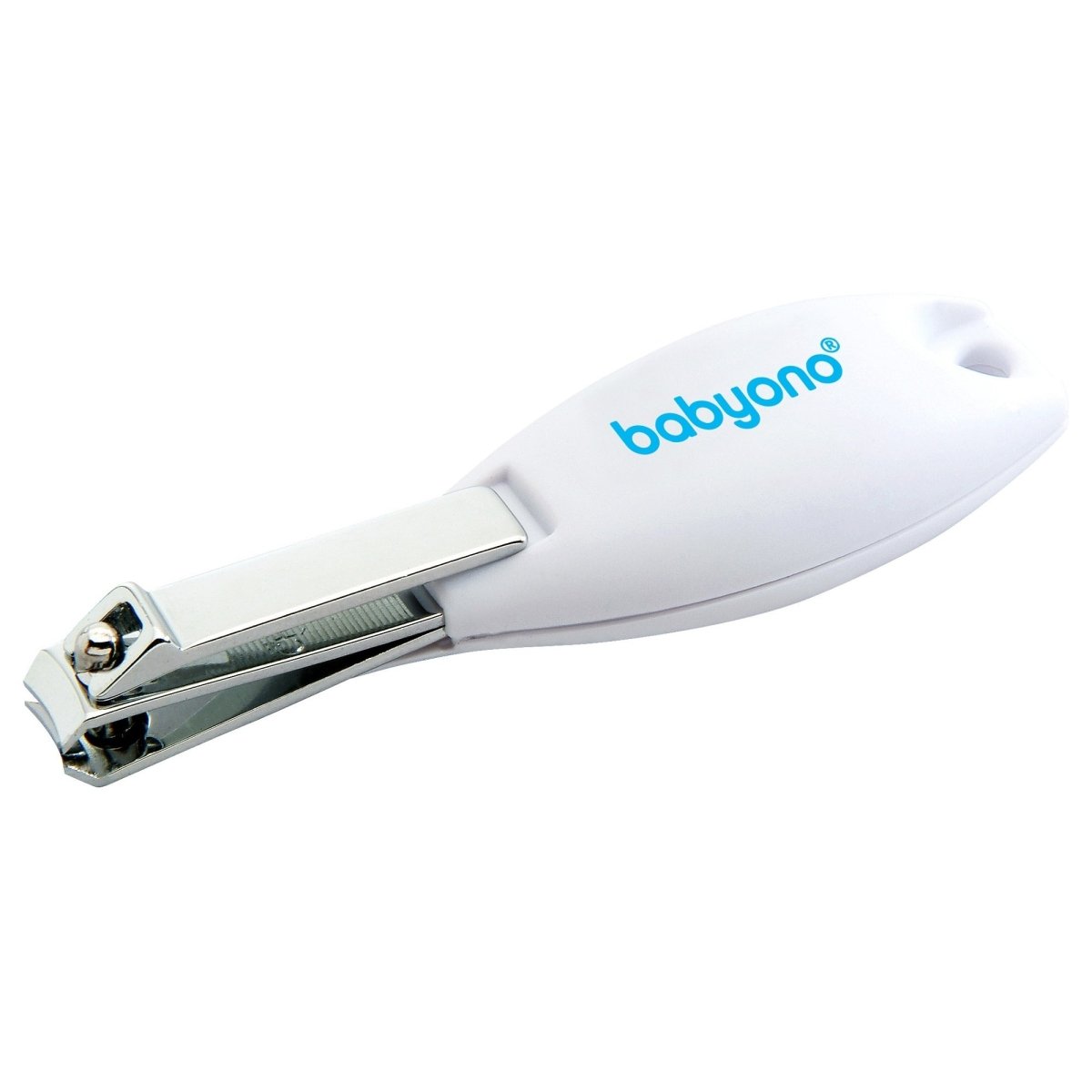 White baby nail clippers with metal cutter and curved ergonomic handle, babyono