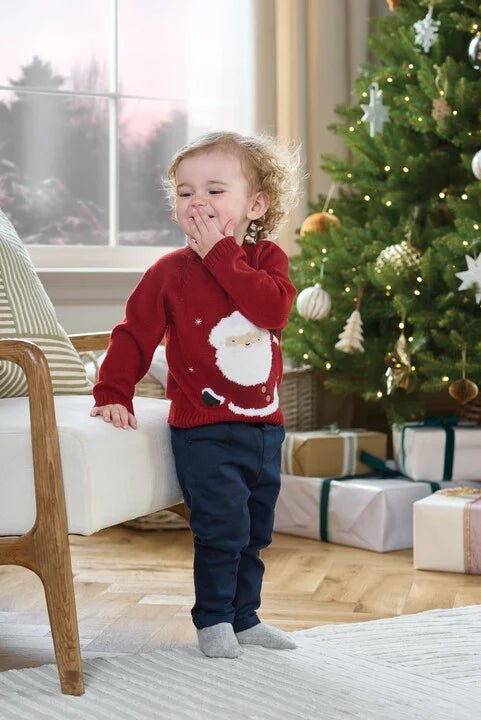 Santa jumper, red knit sweater with white Santa face graphic, long sleeves