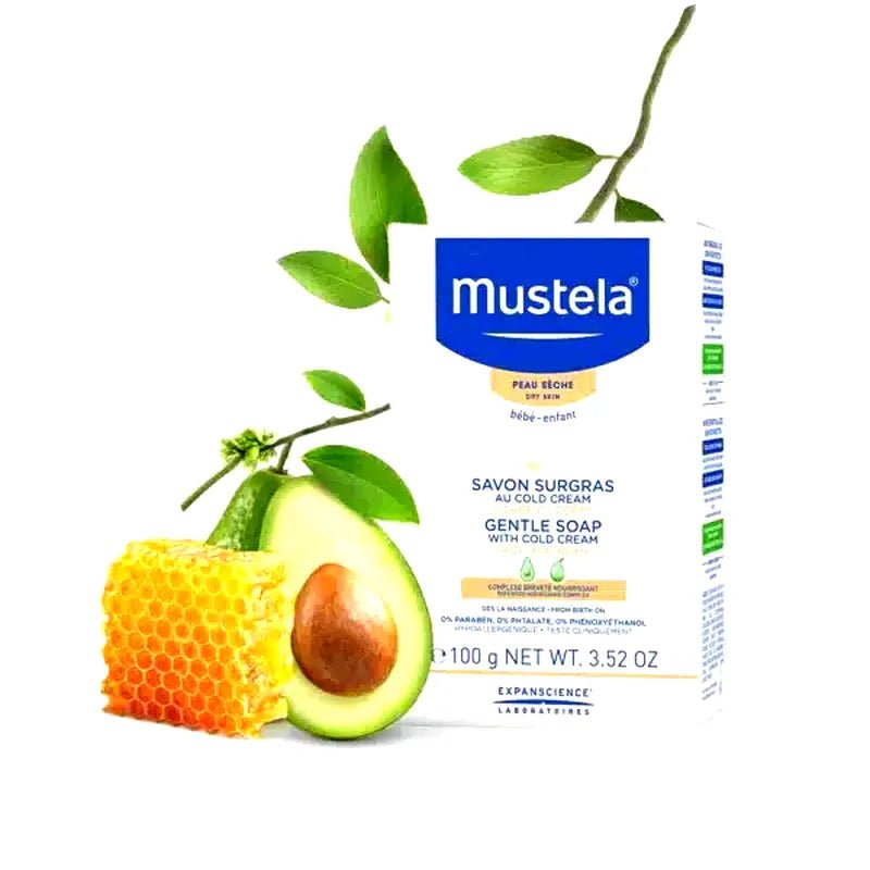 Cold cream soap with avocado and honey imagery, Mustela Savon Surgras 100 g pack