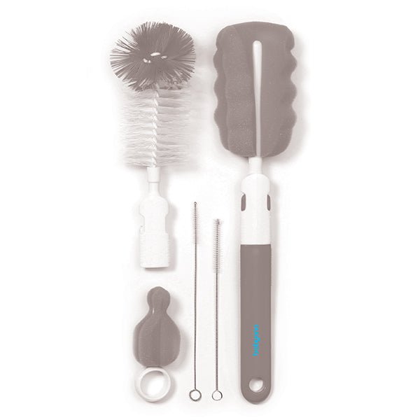 Bottle and teat brush set with white handles and gray brush heads