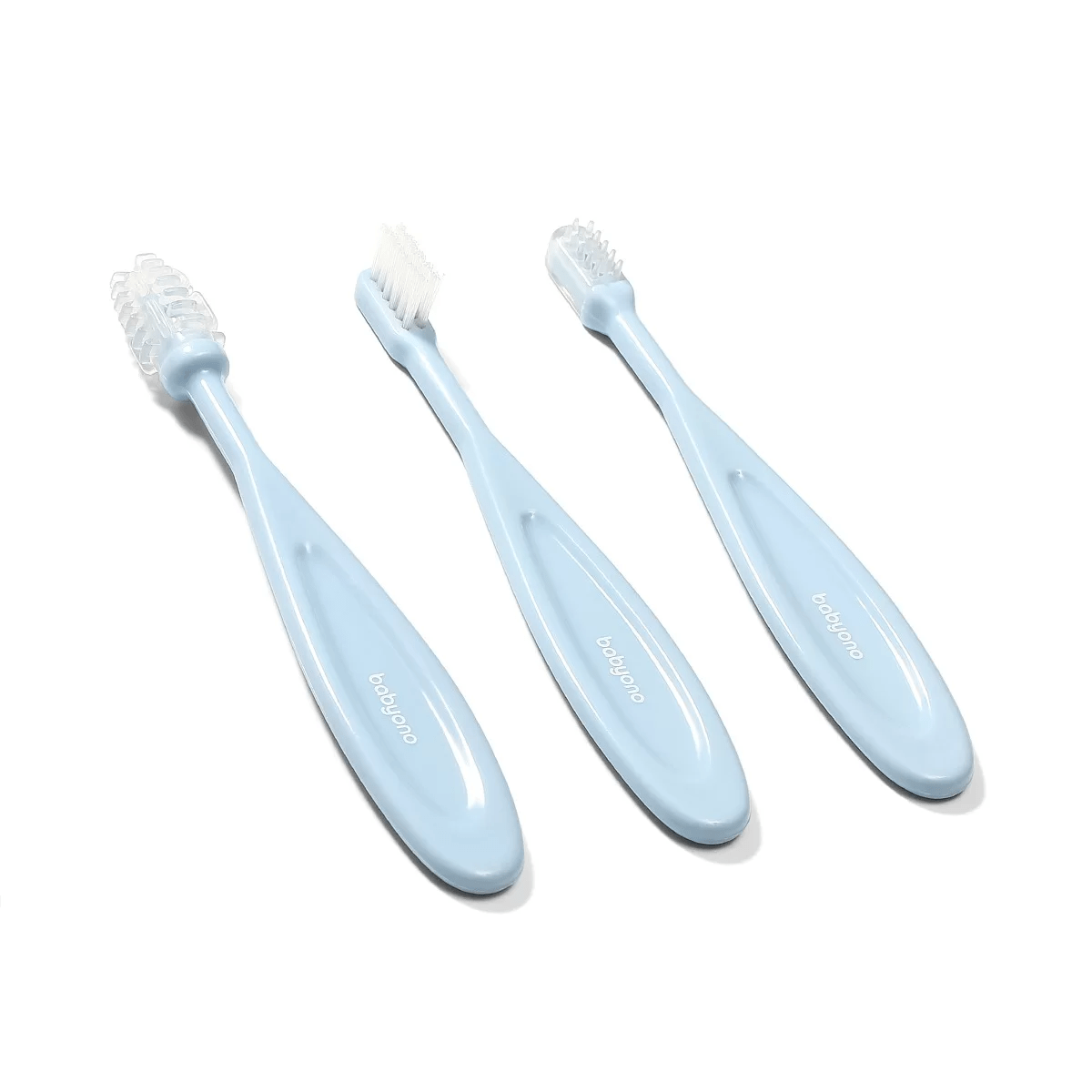 Light blue toothbrush set with three handles and soft bristle heads