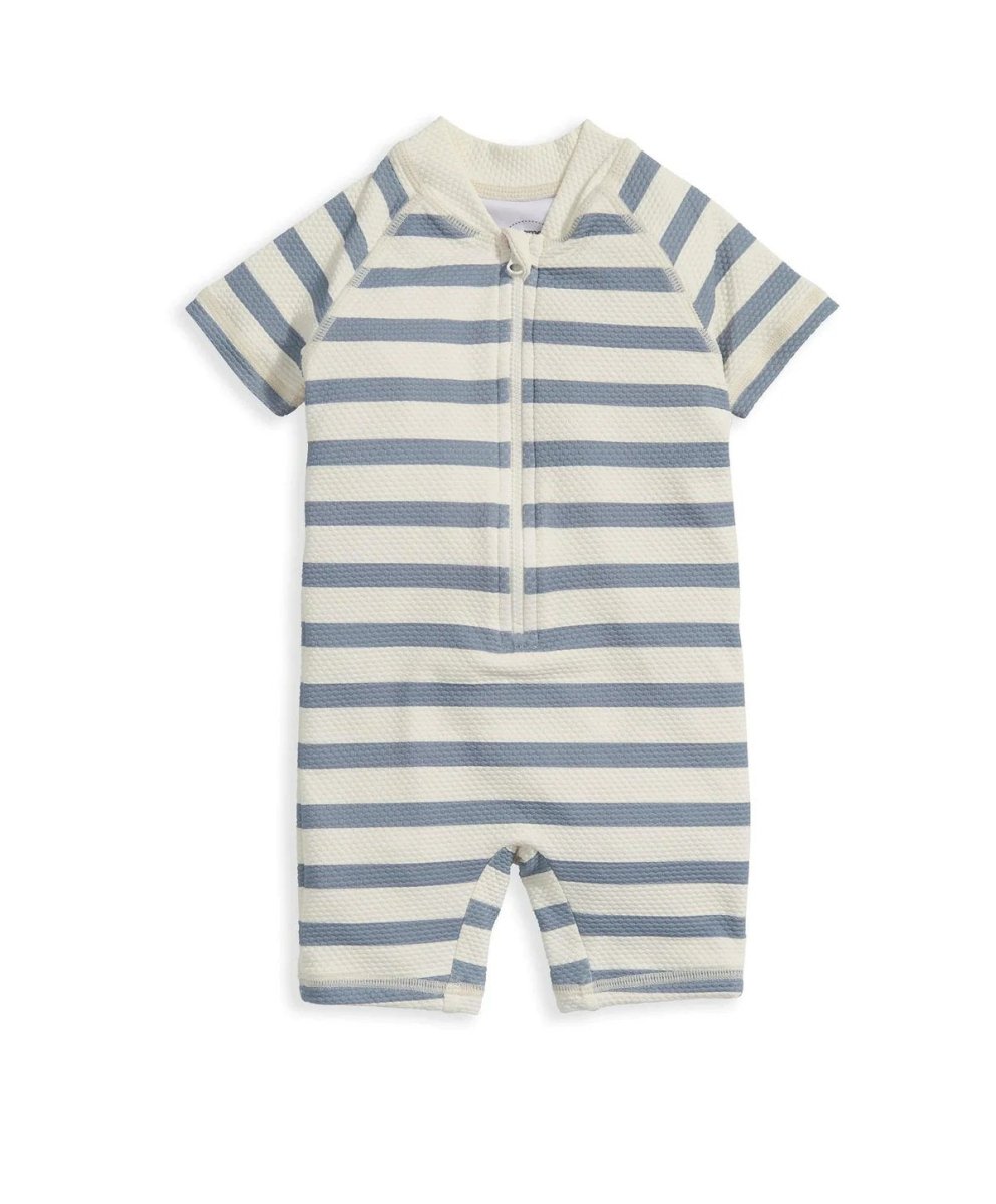 Short-sleeve striped rashsuit with zipper front and blue-and-white horizontal stripes