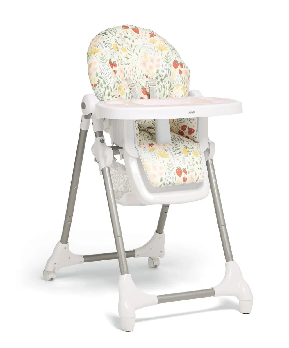 Highchair with illustrated jungle animal fabric seat, white tray and gray legs