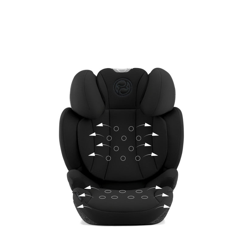 Black car seat with airflow arrows on seat and backrest, front view
