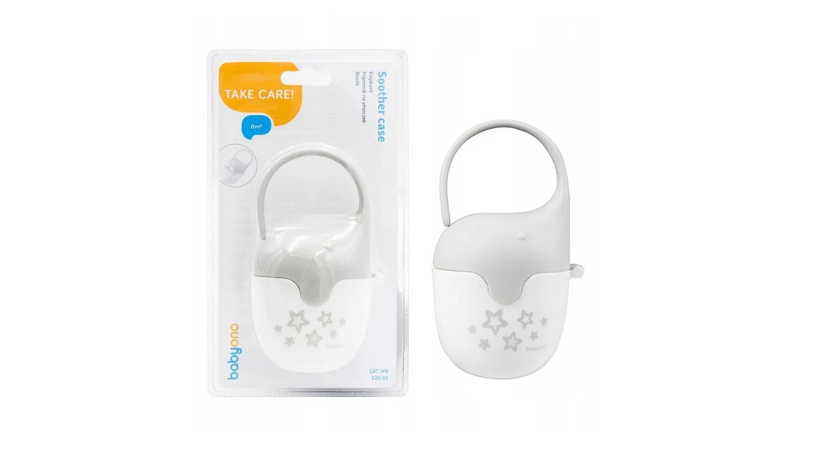 White soother case with loop handle and grey elephant star print