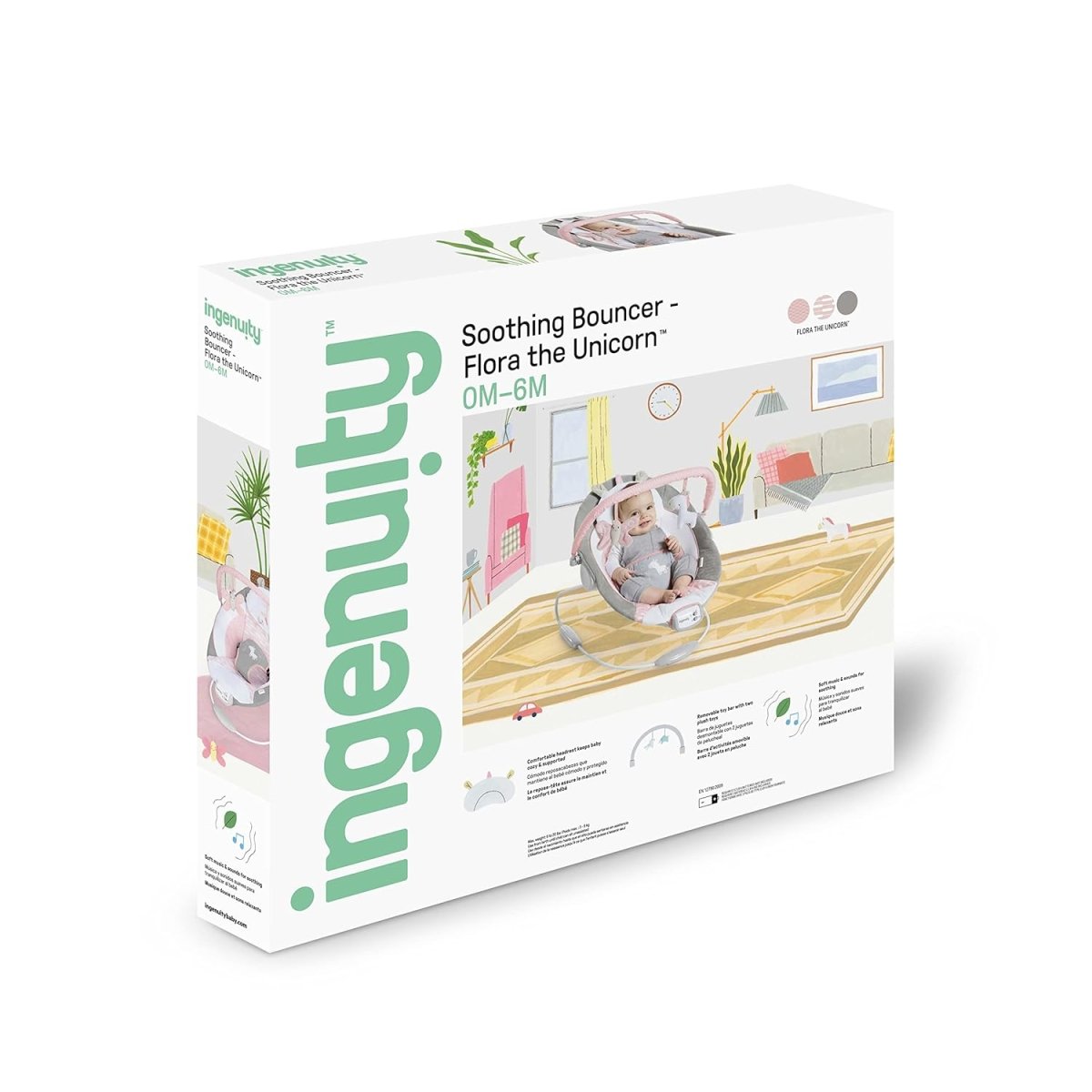 Baby bouncer product box with seated infant and feature graphics