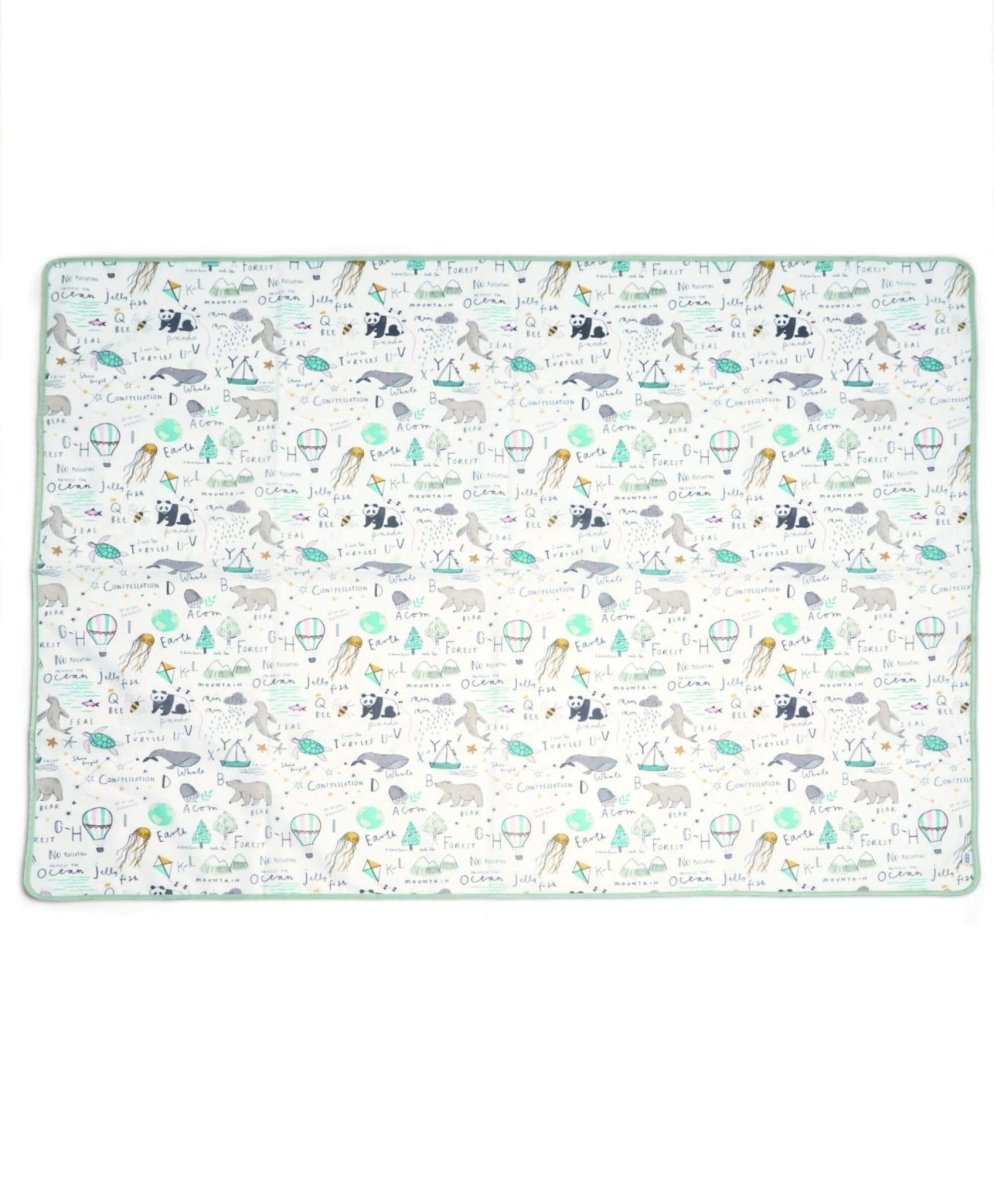 Happy Planet splash mat with planets and animals pattern on light background