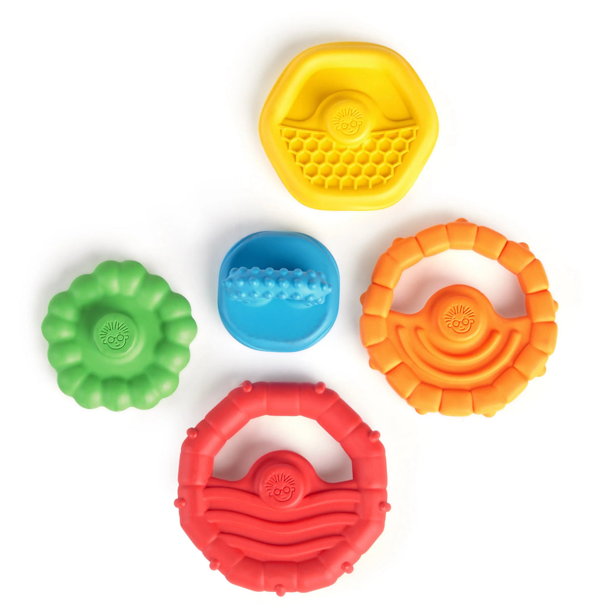 Five multi-textured teether pieces in yellow, blue, green, orange, and red