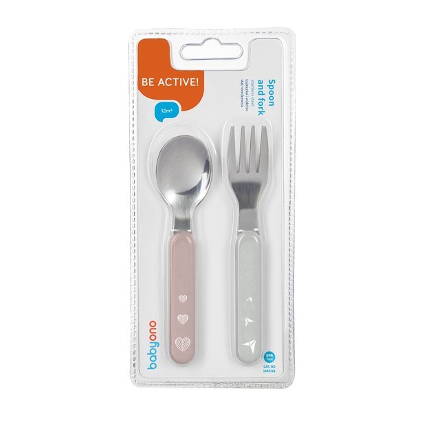 Stainless steel spoon and fork in blister pack with pink and gray handles