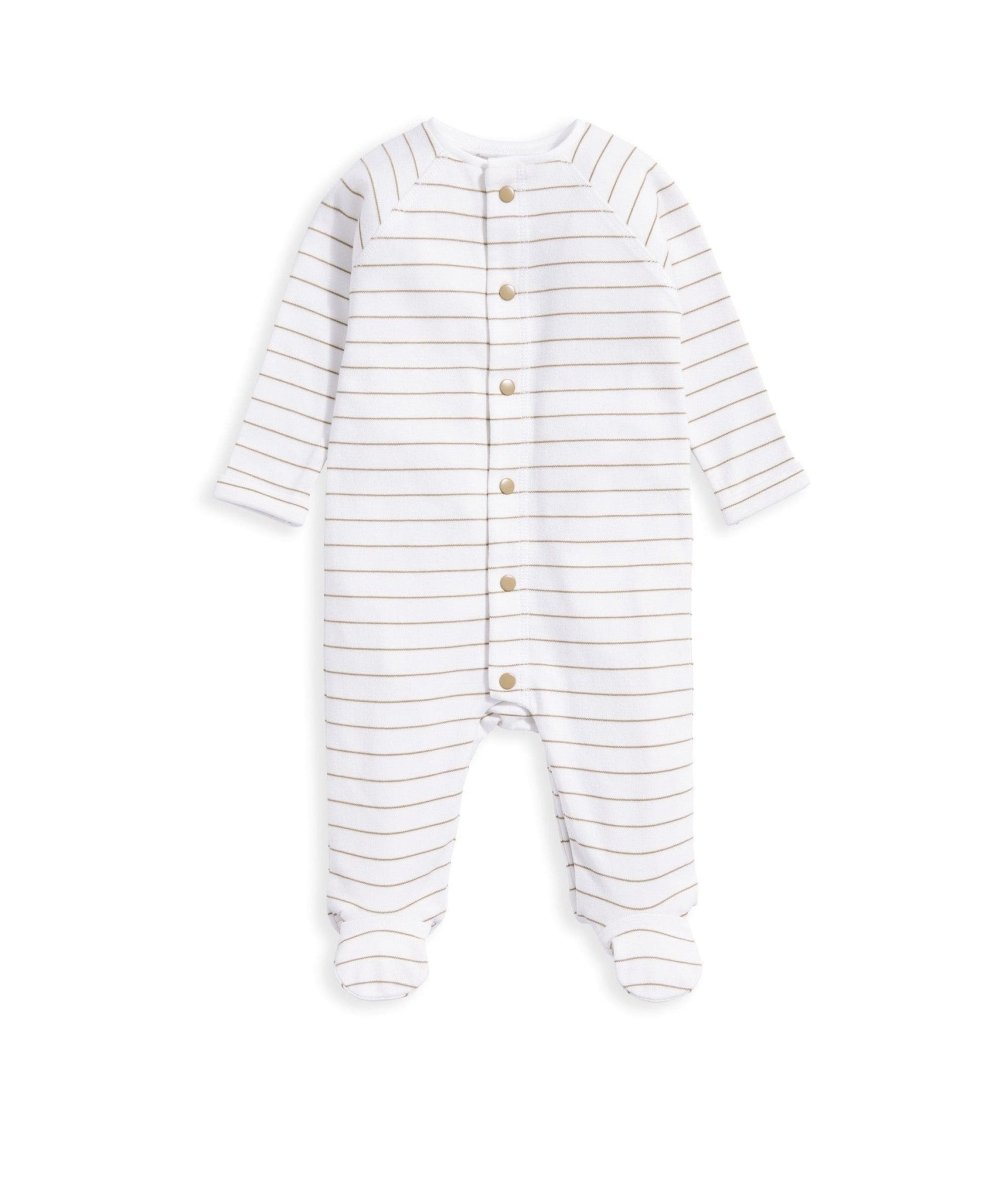 Striped baby sleepsuit in white with light horizontal lines, button front, footed legs
