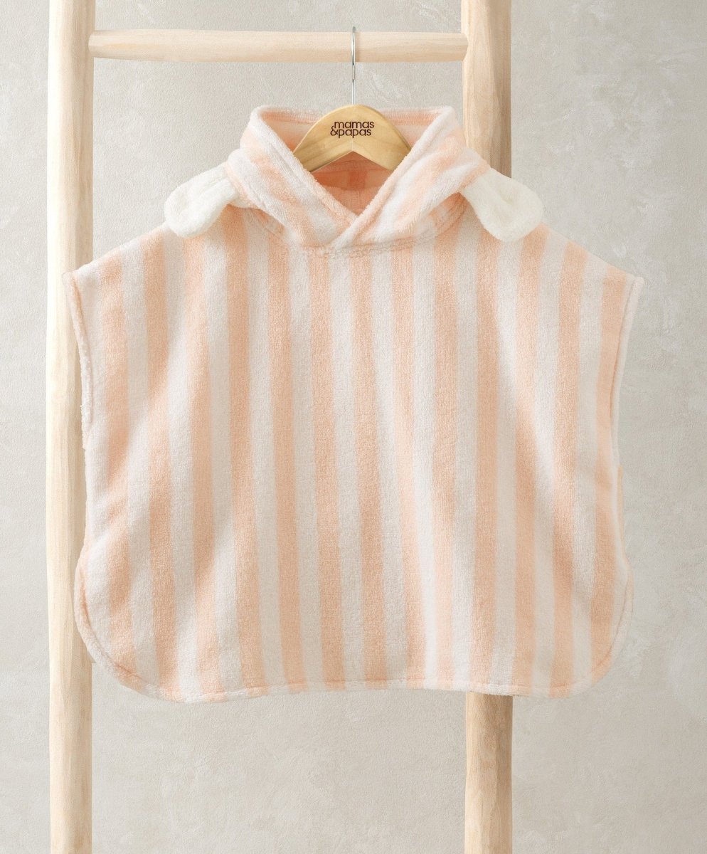 Striped sleeveless hood poncho, light fabric with vertical stripes and hood