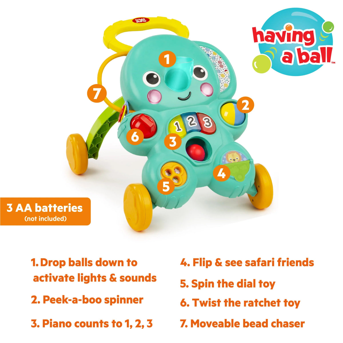 Turquoise elephant ball play walker with spinning dial, drop balls, and headlights