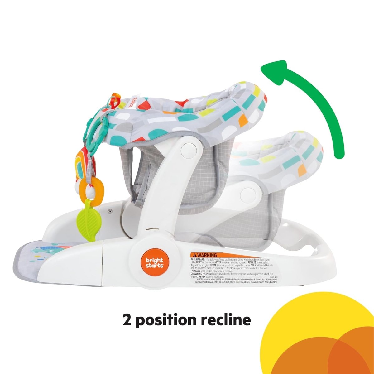 Reclined 3-in-1 baby seat with gray fabric cover and hanging sensory toys on tray