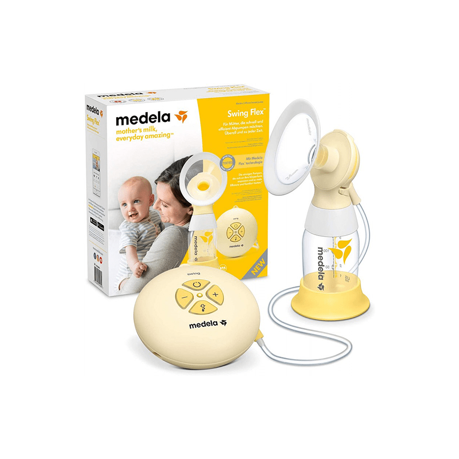 Breast pump kit with round control unit and tubing, plus retail box, white and yellow