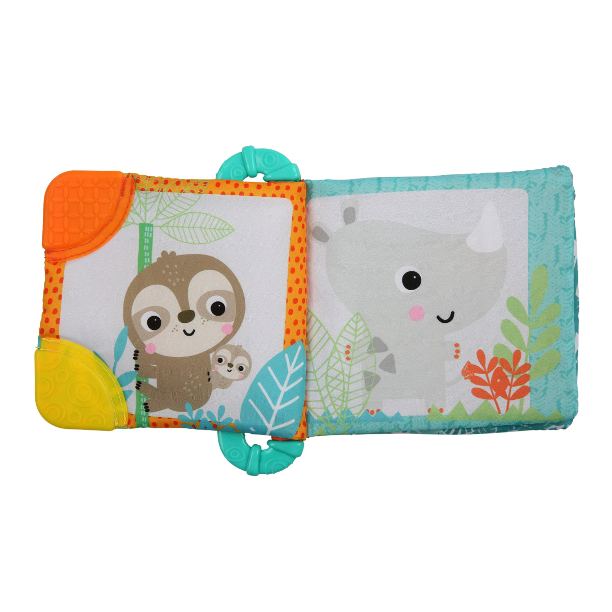 Soft fabric baby book toy with orange and teal covers and animal character pages