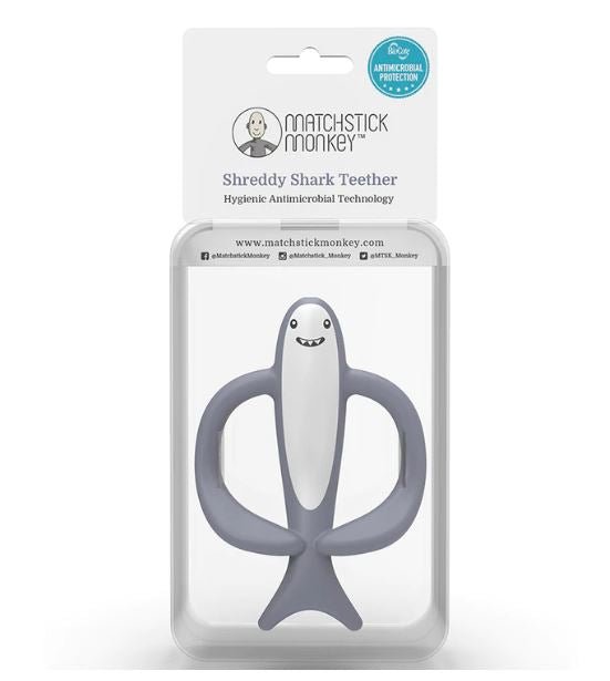 Shark-shaped teething toy with gray fins and white body