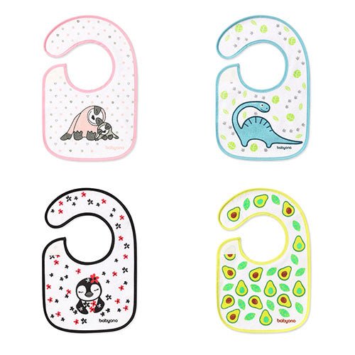 Terry bib set of 4 assorted animal and fruit patterns, pink blue black green