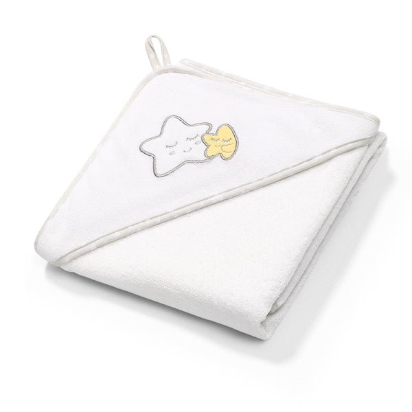 Hooded terry towel with white hood and cloud-sun embroidery, white terry backing