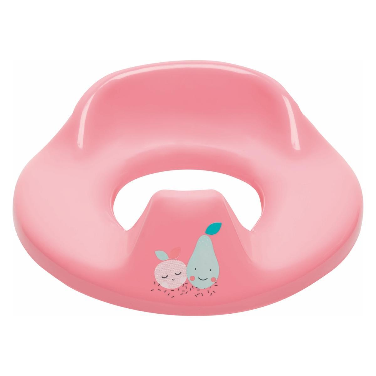 Pink baby toilet seat with cartoon faces and leaf graphics