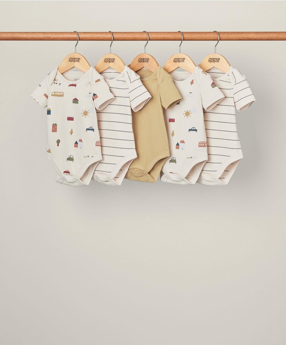 Set of 5 short-sleeve bodysuits, assorted colors with prints and stripes
