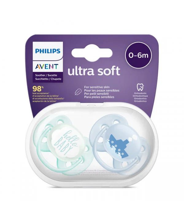 Ultra soft pacifier pack 0–6m, mint and light blue pacifiers on blister pack