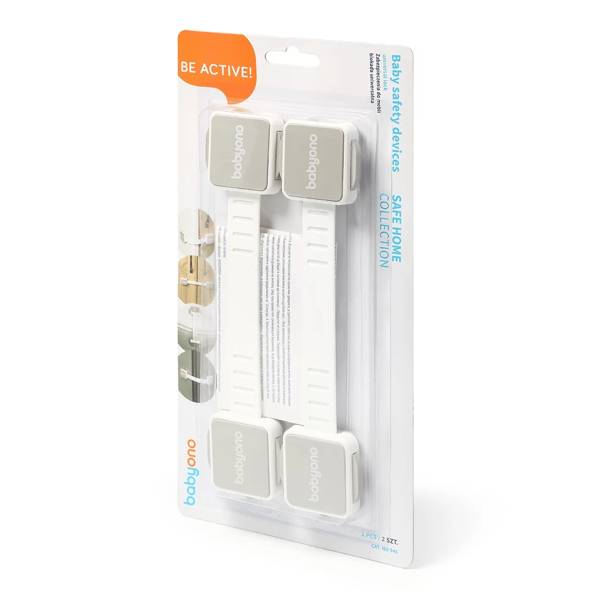 Cabinet lock set retail box with white childproof latches and adhesive pads