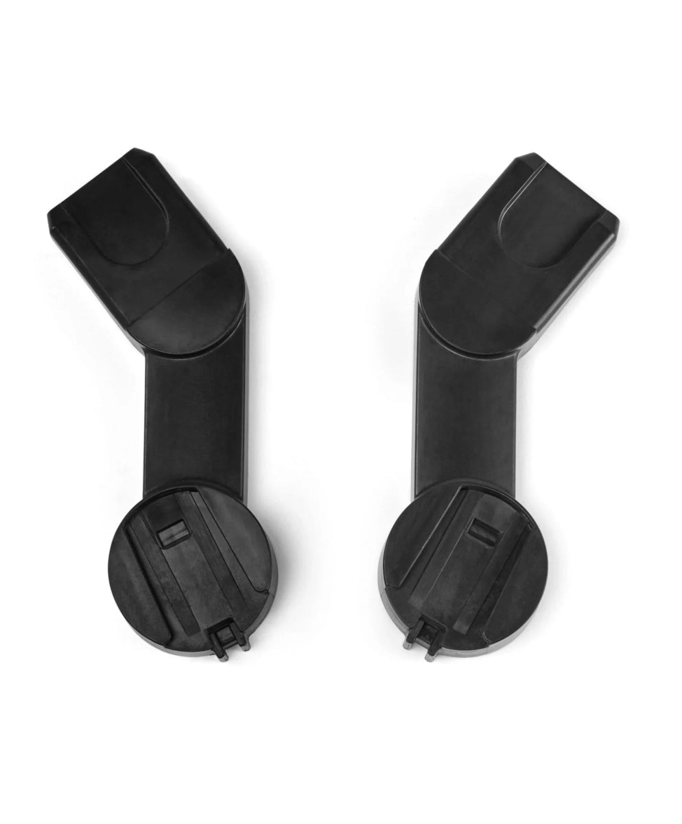 Black car seat adaptor pair with curved mounting clips and flat base pads