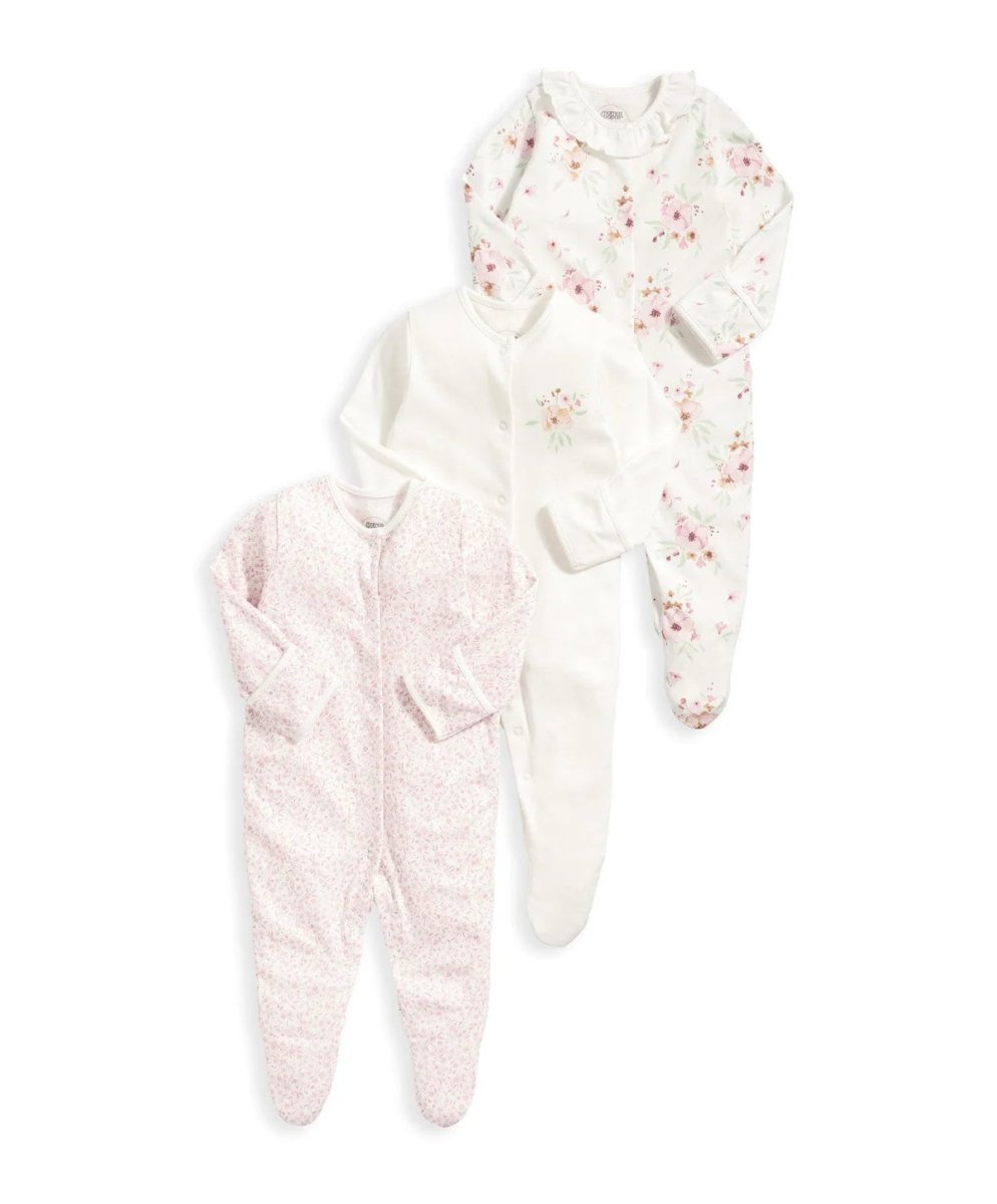 Baby sleepsuit set of 3 with floral print and solid white plus pale pink speckled