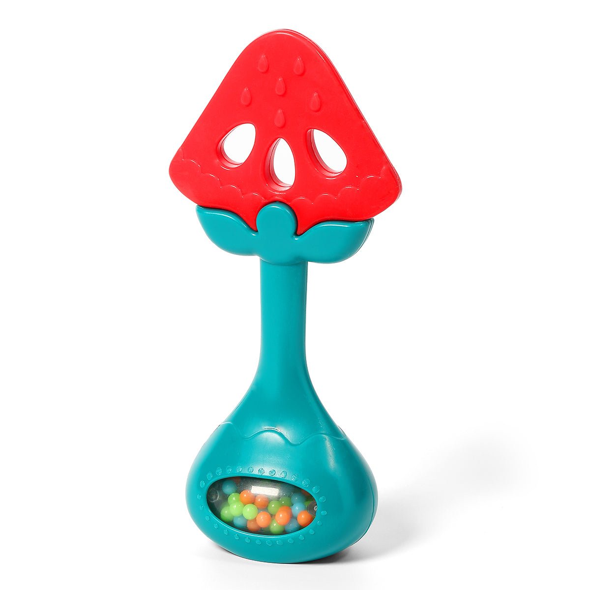 Watermelon-shaped silicone teether with red top, teal handle, and bead-filled base