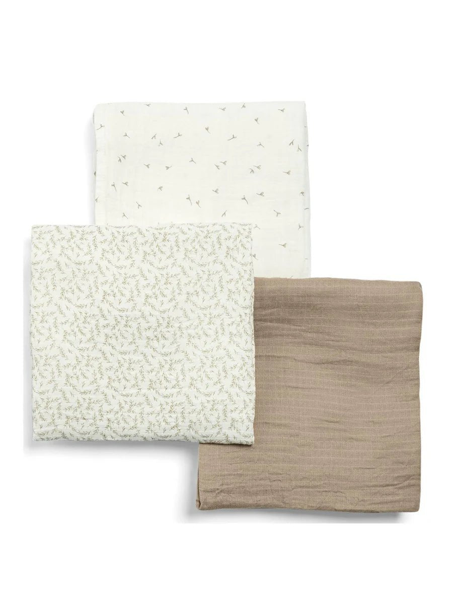 Large muslin squares pack of 3 - off-white seed print, cream textured, taupe plain