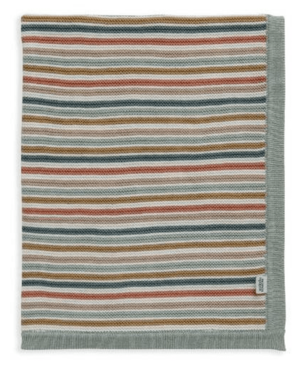 Woven cotton blanket, multicolor striped weave with wide gray edge