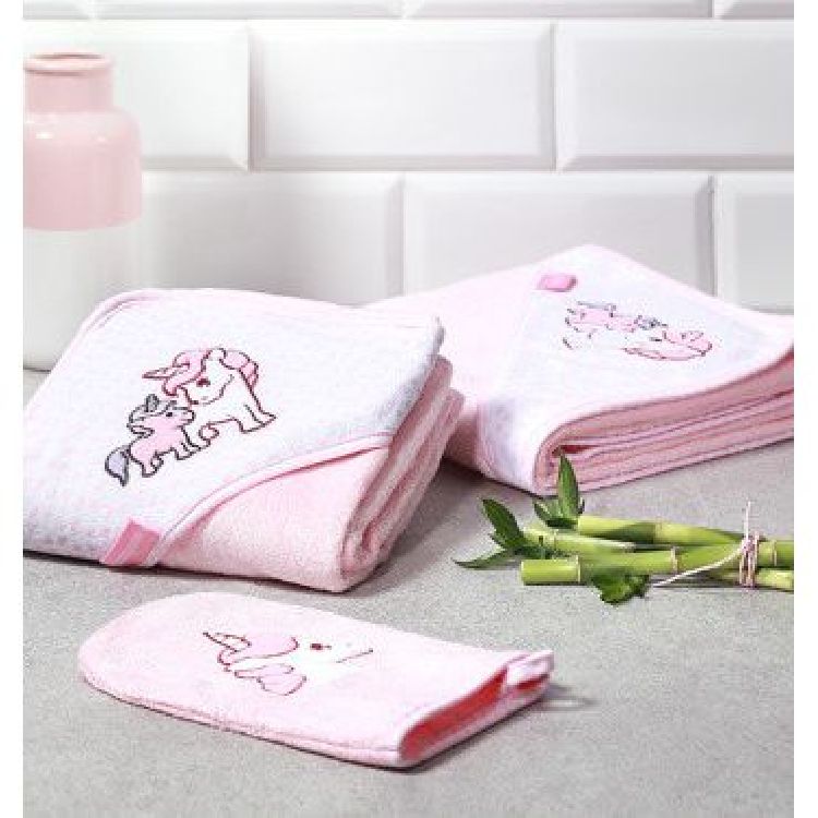 Pink bamboo bath wrap towel set with folded towel and hood applique