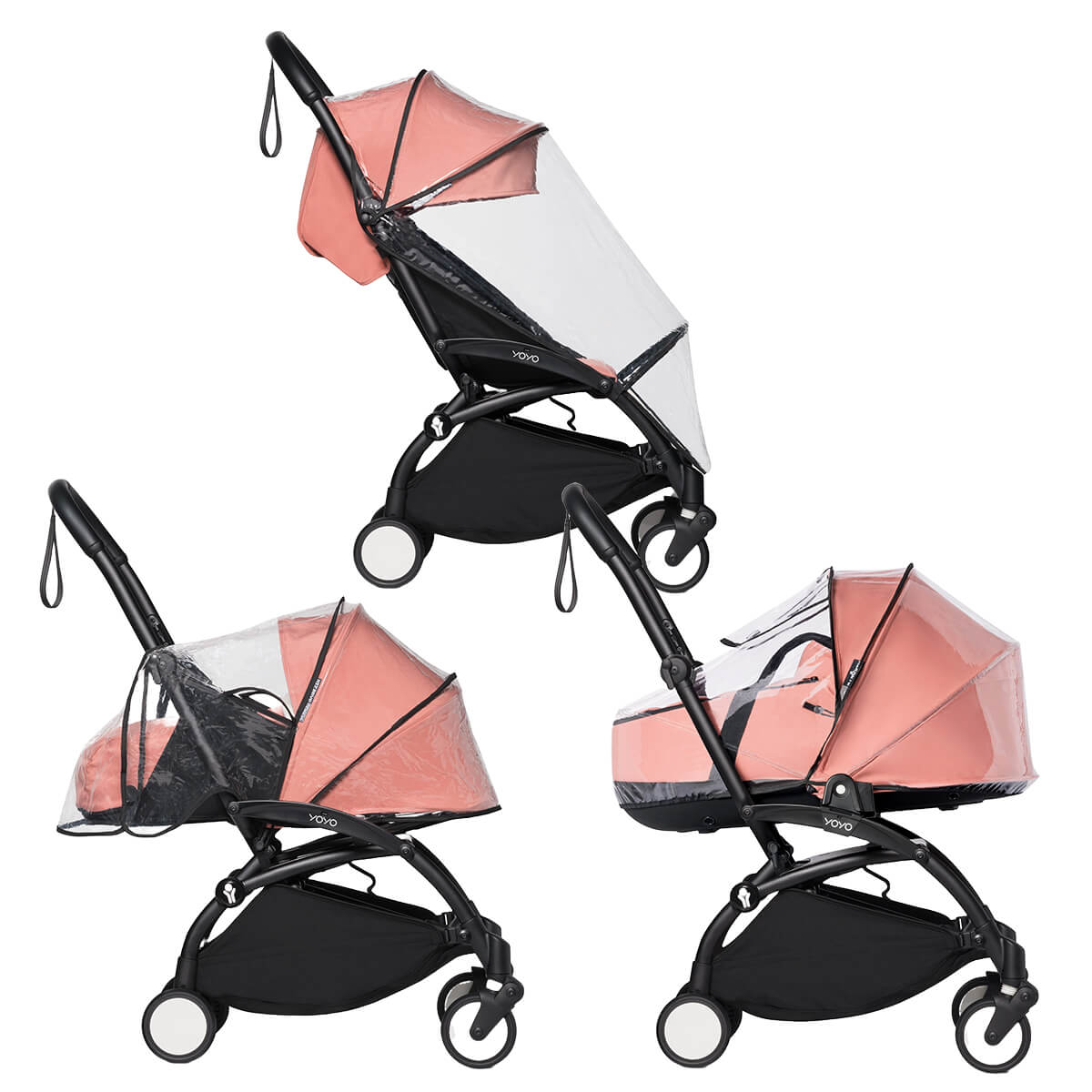 Stroller with clear pink rain cover panels and black frame, shown from three angles