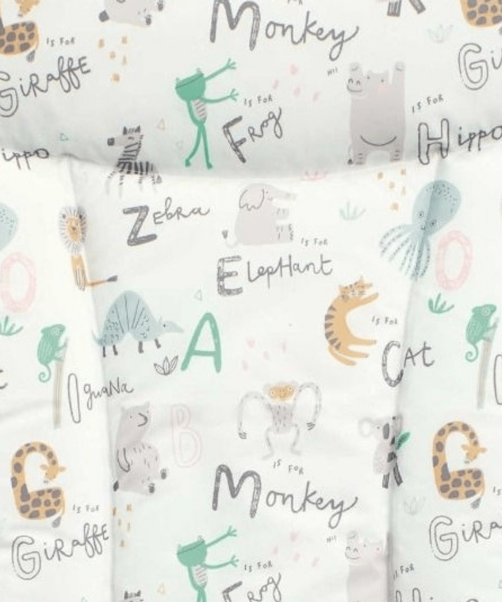 Changing mattress pad fabric with animal alphabet letters and icons, pale light-blue.