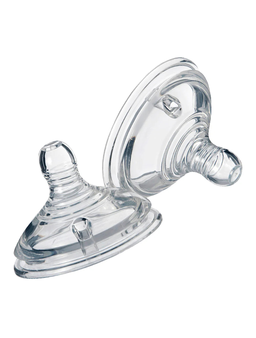 Clear silicone baby bottle teat with vent holes, curved nipple, single piece