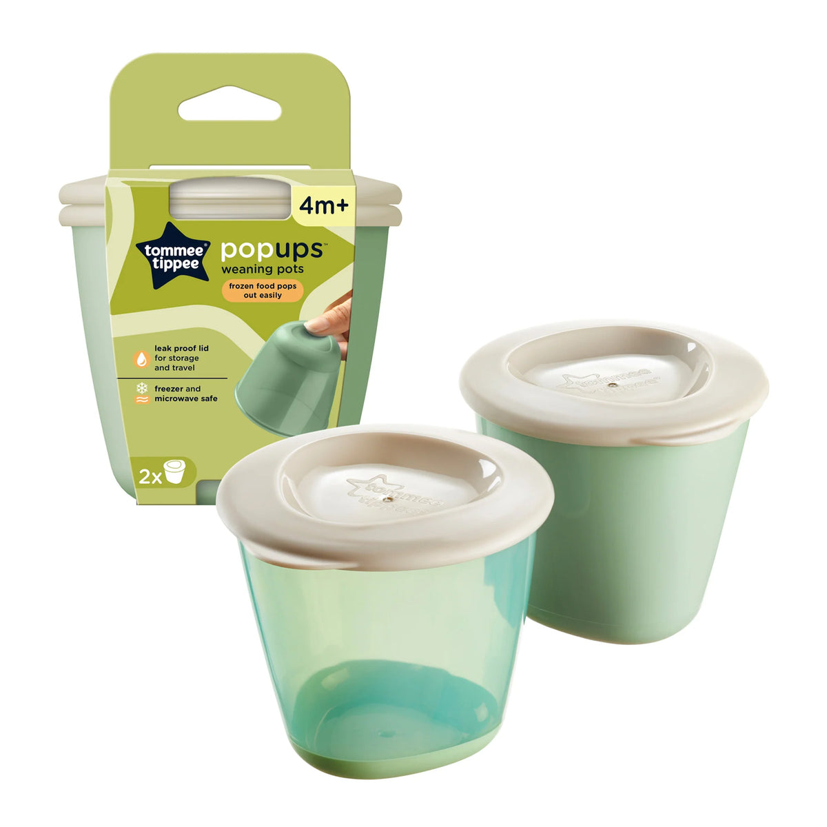 Set of 2 weaning food storage pots with mint body and white snap-on lids