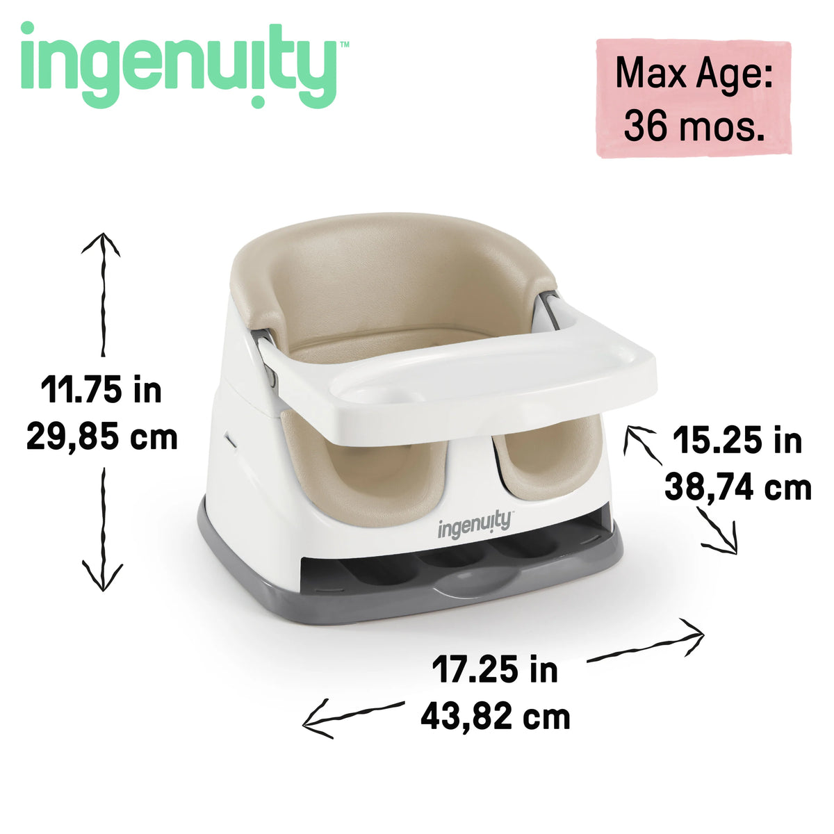 Baby booster feeding seat with beige backrest and white tray, angled view