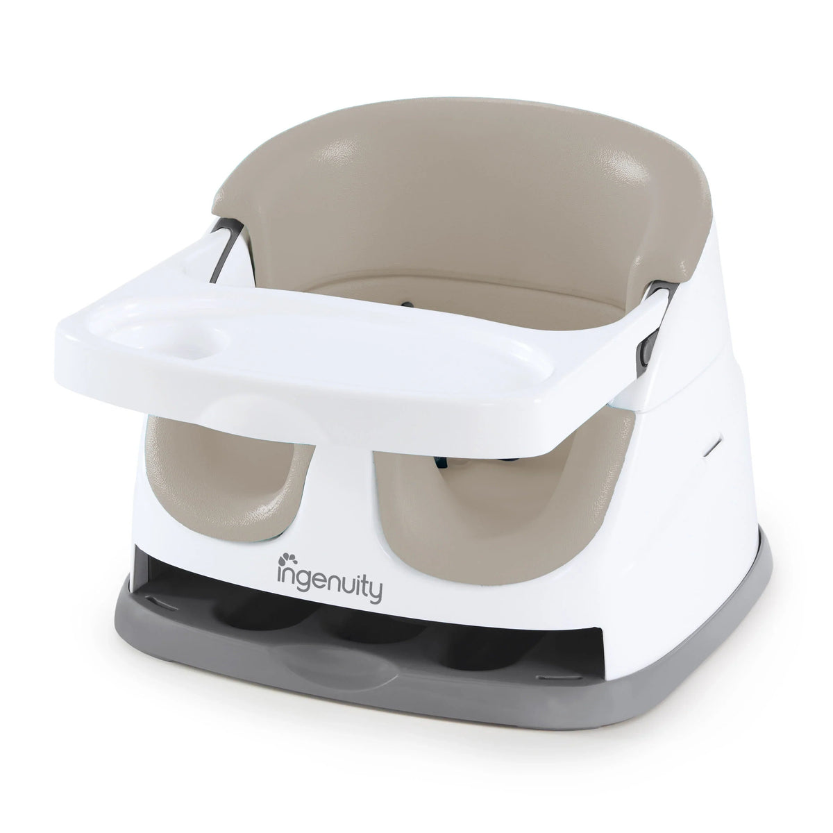 2-in-1 baby booster seat with white tray, taupe seat pad, and gray base
