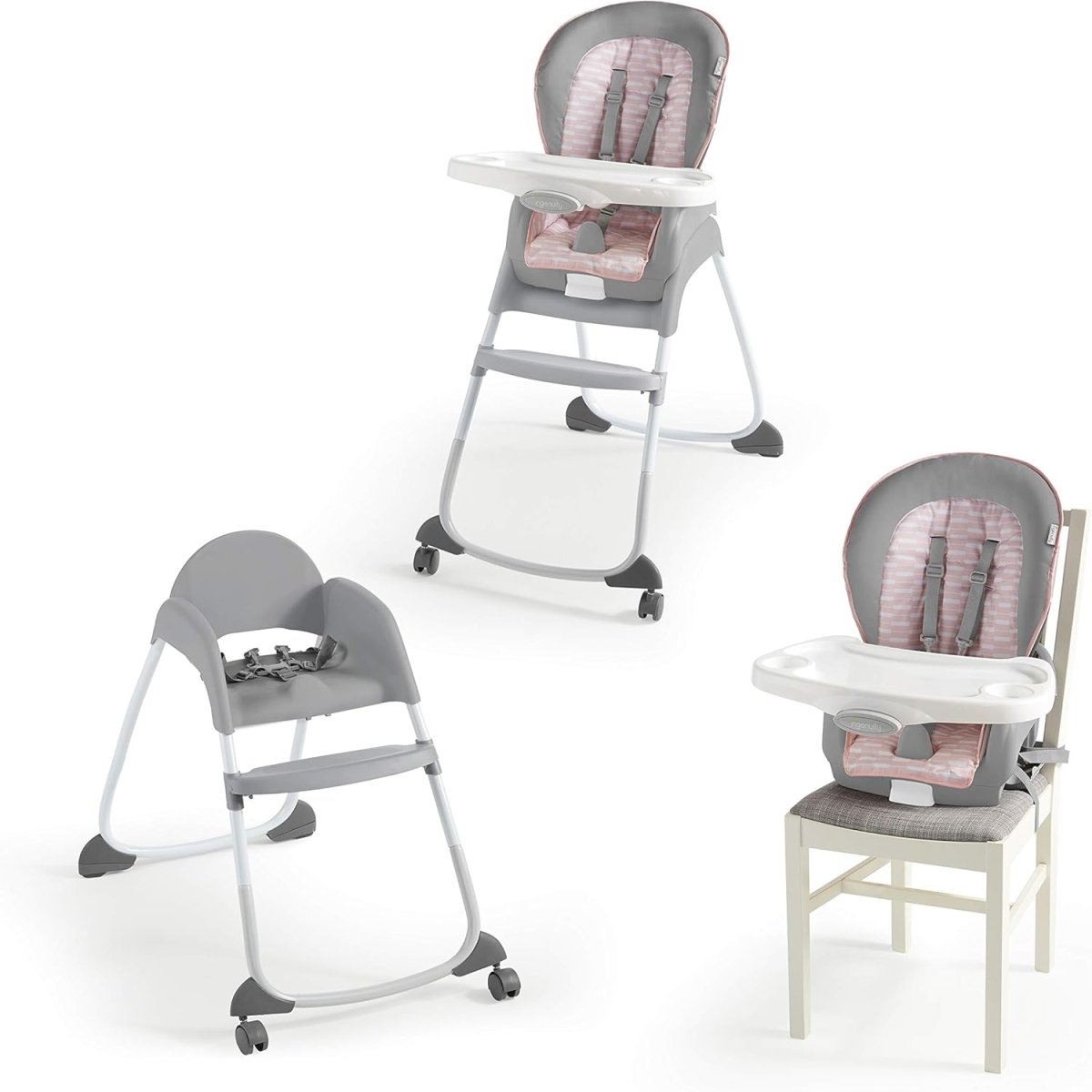 3-in-1 high chair set: gray frame, white tray, pink cushioned seat, three modes