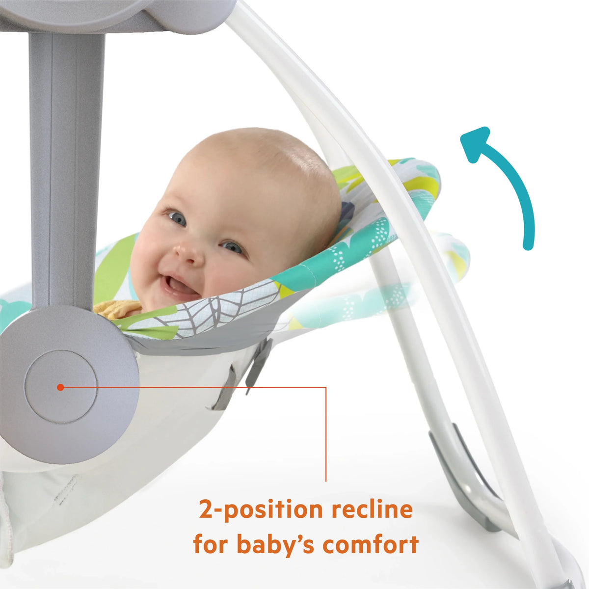 Baby swing reclined seat with hanging toy bar and baby sitting in the frame