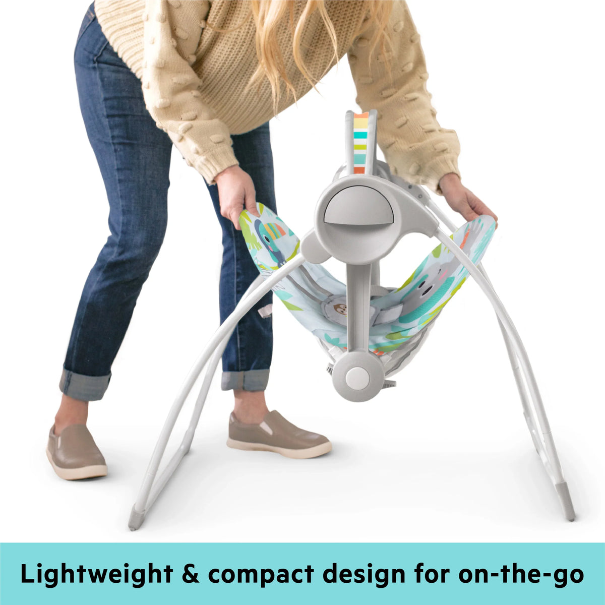 Portable baby swing with carry-handle design, lightweight compact frame