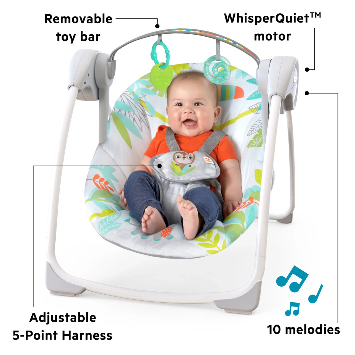 Baby swing with removable toy bar, adjustable 5-point harness, and cozy seat pad