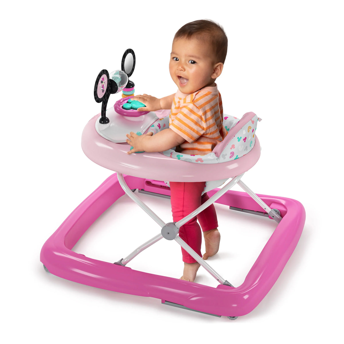 2-in-1 Minnie Mouse baby walker with pink frame and upright standing base