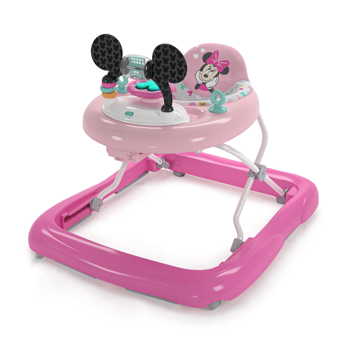 2-in-1 baby walker with pink frame and Minnie Mouse character play tray