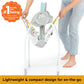 Portable baby swing with adjustable base, gray control panel, and patterned seat pad